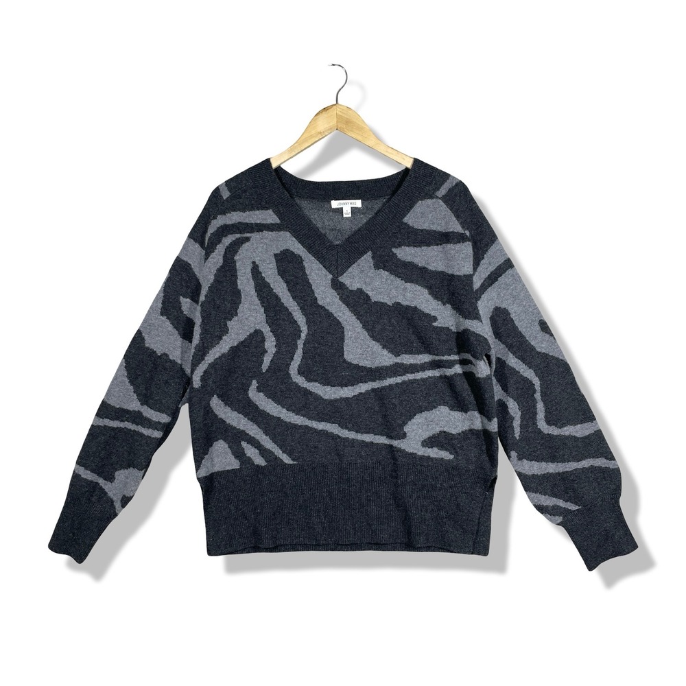 Johnny Was Sweater Women Small Gray Zebra Wool Cashmere V-Neck Animal Print Boho